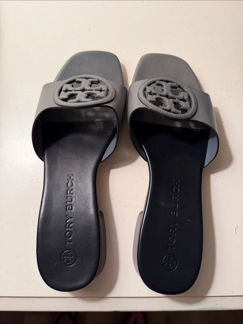Tory Burch Gray Logo Slide Sandals with Black Footbed